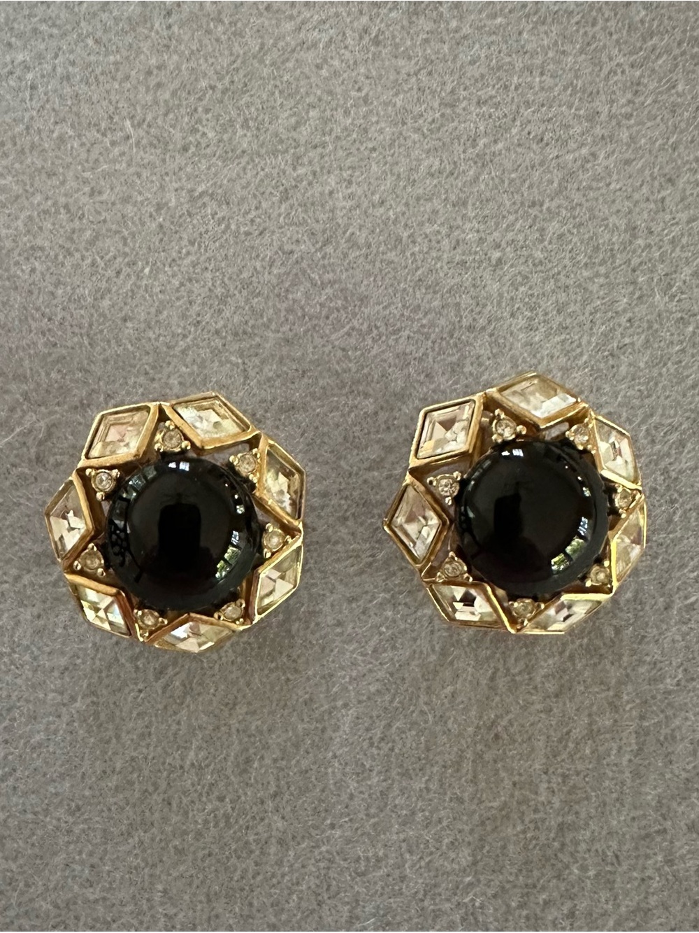 Gold-Tone Black Center Christian Dior Crystal Clip Earrings